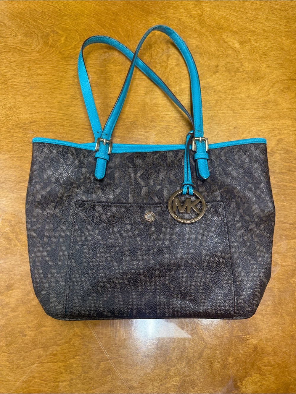 Michael Kors Brown MK Logo Tote with Turquoise Trim